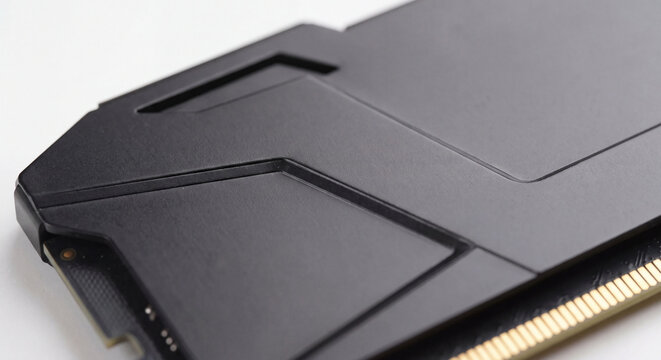 Close up view of the black protective metal backplate and golden PCIe interface contacts of a high performance graphics card