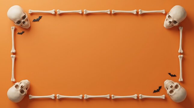 Halloween frame made of human skulls and bones arranged on a vibrant orange background with copy space