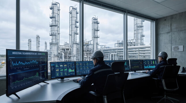 Industrial decarbonization unit control room with engineers monitoring carbon capture facility data on multiple screens
