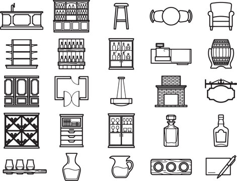 A collection of outline icons representing bar furniture and accessories, including stools, cabinets, shelves, decanters, and glasses, arranged in a grid.