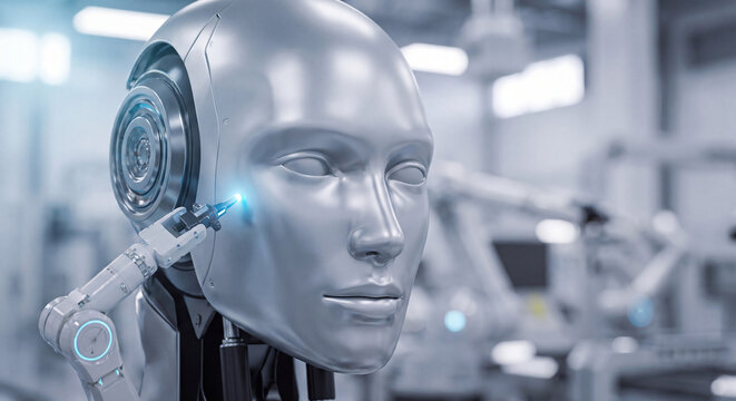 Close up shot of a metallic humanoid robot head receiving fine adjustments from a robotic assembly arm in a high tech research laboratory