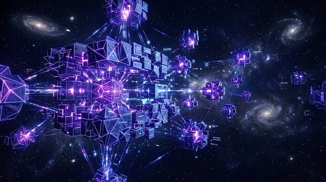 Cosmic Digital Infrastructure Abstract Horizontal Header Rendered with Luminous Neon Violet and Cobalt Polyhedral Block Formations Suspended in Deep Dark Outer Vacuum Environment Featuring Ample
