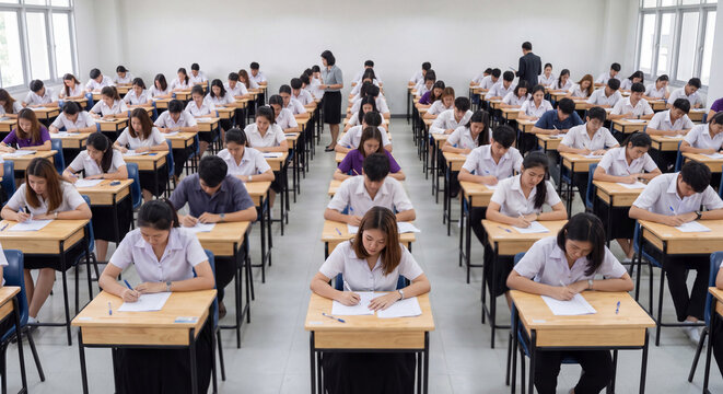Focused Asian students in school uniforms sitting at individual desks in long rows writing an important written exam inside a spacious modern classroom