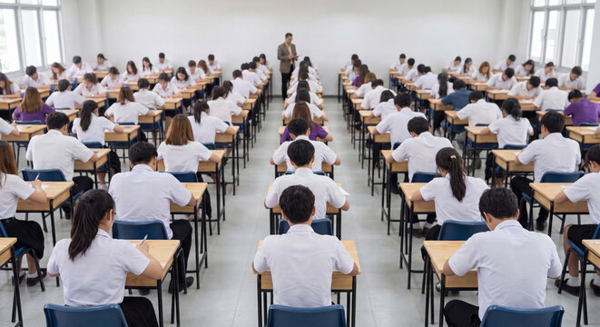 Back perspective of numerous students sitting in organized rows taking a quiet written exam while an instructor monitors from the front of the classroom