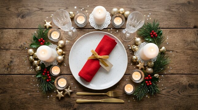Elegant Christmas table setting with red napkin gold decor and candles on a rustic wooden background