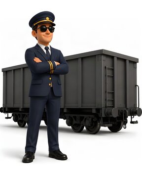 3D rendered smiling train conductor in navy uniform with gold trim and cap with arms crossed in front of a dark grey freight train car, railway worker and freight rail transport concept illustration o