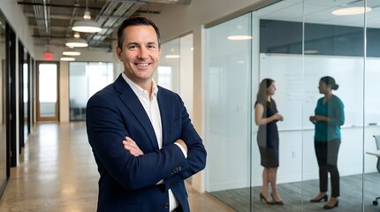 Fototapeta premium A professional man in a suit smiles in a modern office hallway with colleagues in the background.
