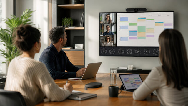 Hybrid Business Meeting with Shared Calendar for Global Team Time Alignment Remote Collaboration Scheduling and Modern