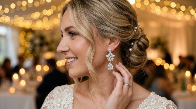 Bride Smiling, Elegant Wedding Jewelry and Hairstyle, Soft Bokeh Lights Background