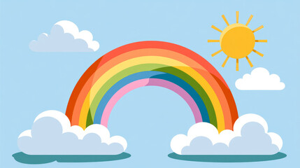 Fototapeta premium Vibrant rainbow arching across a clear blue sky with fluffy clouds and a shining sun illuminating the scene
