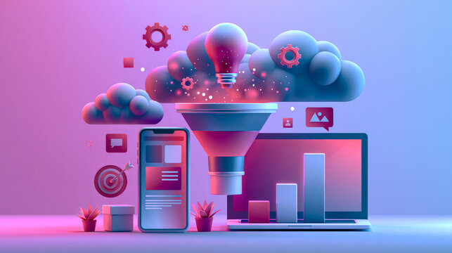 Creative digital marketing concept with funnel cloud and data visualization elements in vibrant colors