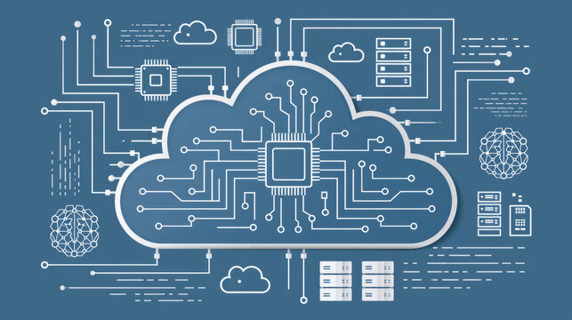 Innovative cloud computing concept featuring a circuit board design and data connections set against a vibrant blue backdrop