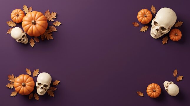 Halloween flat lay background with human skulls and orange pumpkins arranged on a dark purple surface with copy space