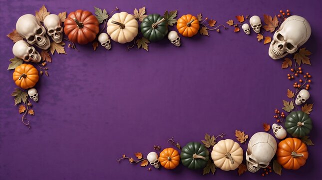 Halloween background with a frame of assorted pumpkins and human skulls on a dark purple textured surface