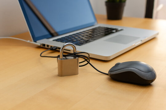 Close up of computer mouse cable secured with padlock
