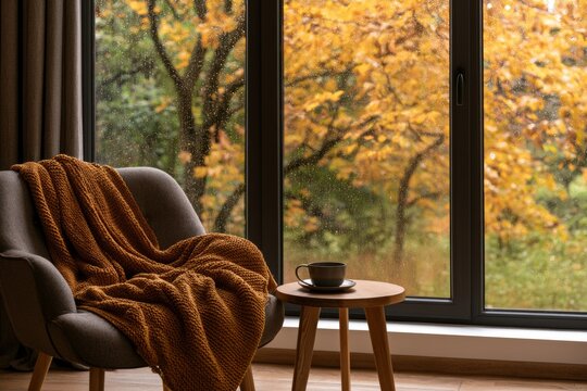 Cozy indoor retreat with warm blanket and autumn views through the rain-kissed window