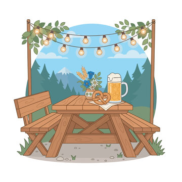 Outdoor wooden picnic table with pretzel and beer mug under string lights against mountain landscape wooden bench bavarian pretzel outdoor dining beer garden wooden furniture frothy beer