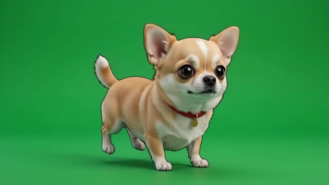 Cute little Chihuahua dog standing on a vibrant green background, looking directly at the camera.