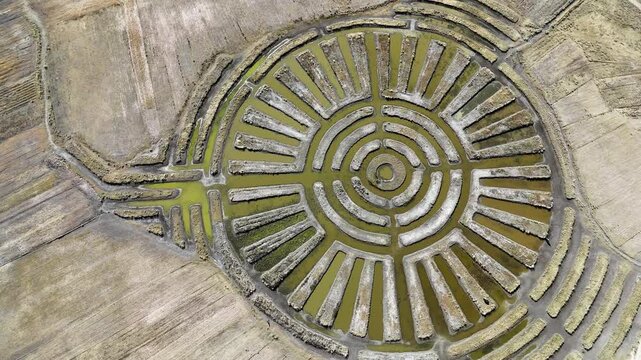 Top-down cinematic drone footage revealing the perfect concentric circles of the Moray Inca agricultural terraces in Peru.