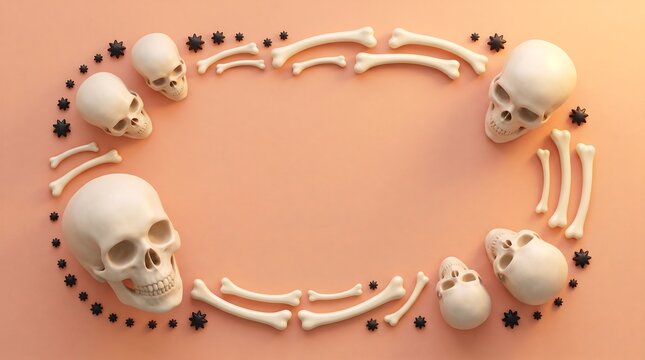 Halloween frame made of human skulls and bones arranged on a soft pastel orange background with copy space