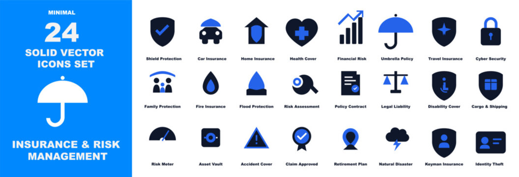 24 solid vector insurance and risk management icon set with shield protection, car insurance, home insurance, health coverage, financial risk, umbrella policy, travel insurance, cyber security, 