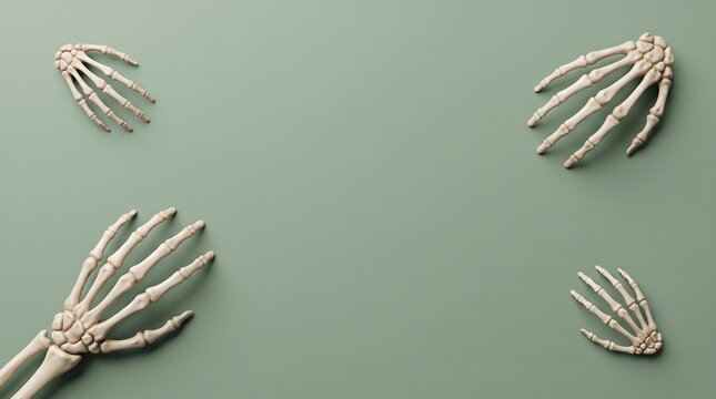 Top view of multiple plastic skeleton hands arranged on a solid sage green background for halloween decoration