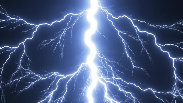 Powerful lightning strike with bright blue electric bolts branching across dark stormy sky