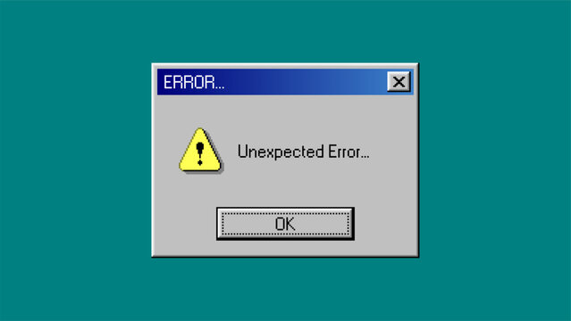 Retro computer error dialog with warning icon and unexpected error message. Vintage window system interface vector for software failure concept and technology nostalgia.
