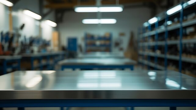 Blurred industrial workshop interior with stainless steel workbenches, manufacturing facility background, with shelves and, bright overhead lighting