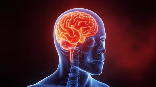 3D medical animation of a glowing red human brain inside transparent head silhouette
