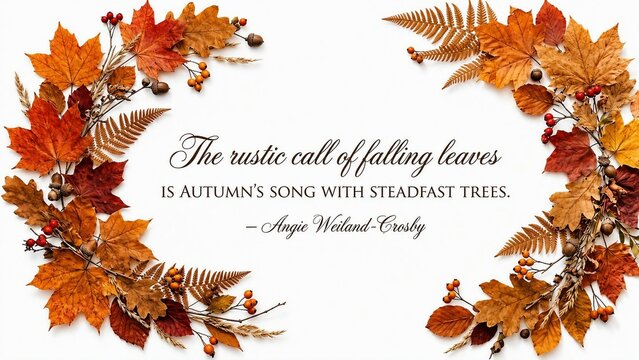 autumn-themed decorative frame featuring realistic maple leaves, fern foliage, acorns, berries, and dried botanical elements arranged around a clean white center with a rustic seasonal quote