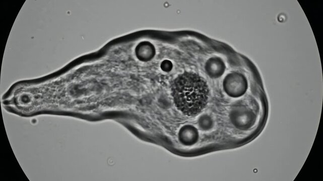 Microscopic view of an amoeba, showcasing its complex internal structures and outer cell membrane