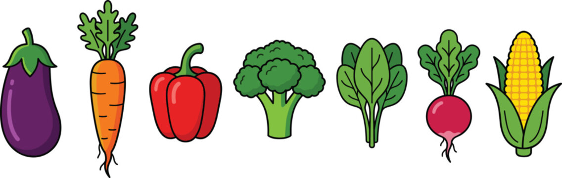 Fresh organic vegetables vector icon set isolated on white background including eggplant carrot bell pepper broccoli corn