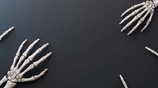 Top view of human skeleton hands placed on a dark black background with copy space for text