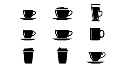 Obraz premium Coffee and Cafe Cup Black Silhouette Vector Collection with Espresso, Cappuccino, Latte, Macchiato, Flat White, Mug, Tumbler and Takeaway Cup