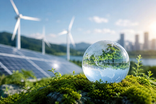 Sustainable Energy Concept with Glass Earth Globe, Solar Panels and Wind Turbines