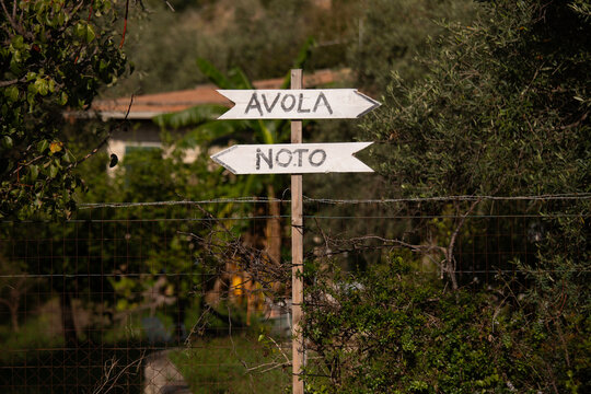 Road and Mediterranean landscape between the towns of Avola and Noto on the island of Sicily, Italy.