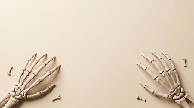 Two human skeletal hand models placed on a plain beige background with empty space for text or design