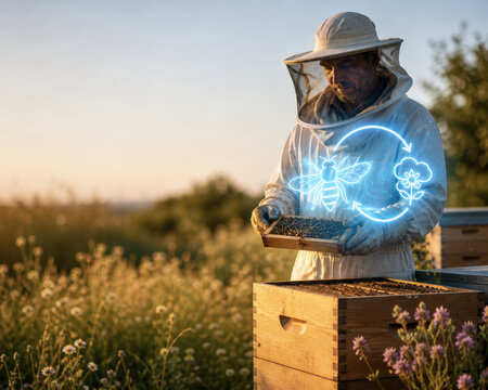 Beekeeper Studying Pollination Health Hologram at Apiary for Bee Conservation Agriculture and Ecosystem Monitoring