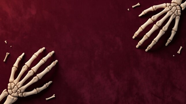Two human skeleton hands reaching out from a deep dark red liquid background for a spooky halloween concept