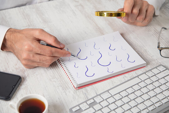 Caucasian businessman with a Question mark symbols on notepad.