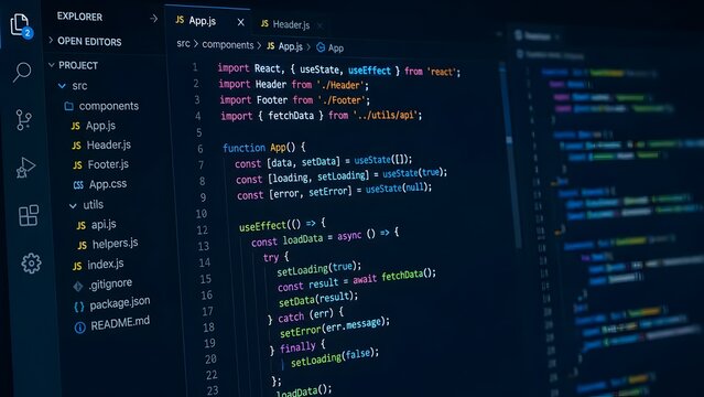 Close up view of modern code editor screen showing React javascript programming language for web development and software engineering concept