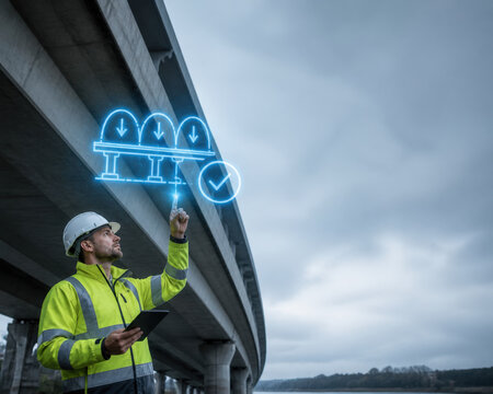 Civil Engineer Inspecting Bridge Structure Hologram for Infrastructure Safety Structural Analysis and Predictive