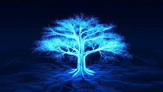 Glowing blue tree over digital circuit landscape in dark futuristic setting