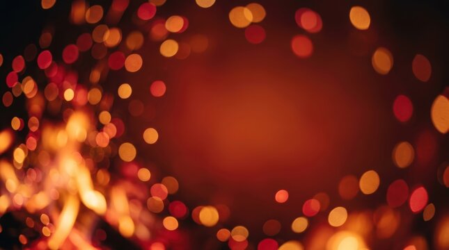 Festive bokeh lights in warm red and orange tones create a celebratory atmosphere