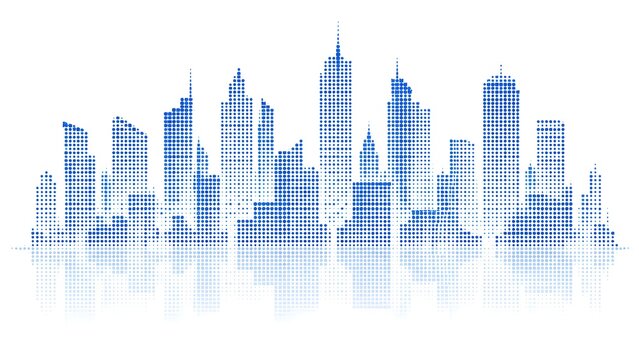 Abstract blue halftone dot matrix city skyline illustration with reflection isolated on white background for modern architectural graphic design