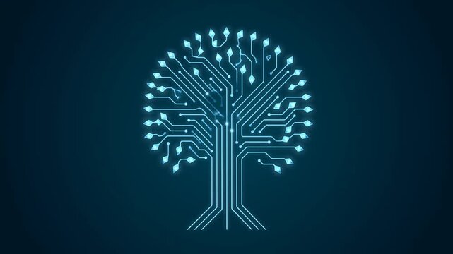 Digital circuit tree glowing against a dark blue background with branching technology lines