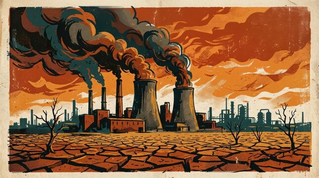 Industrial factory emitting smoke into a polluted arid landscape with cracked earth and dead trees