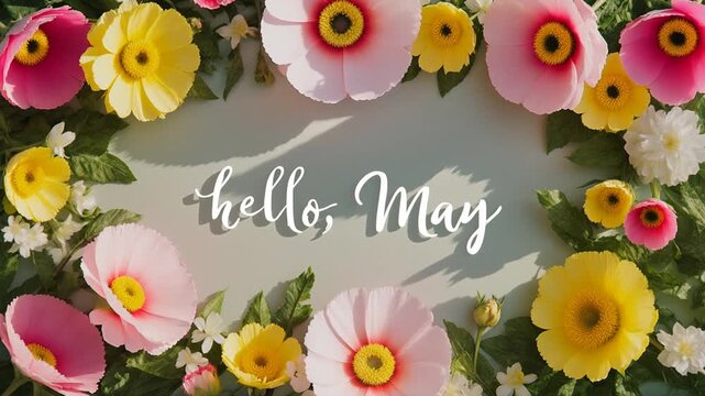 Poster card spring text lettering Hello May on romantic bloom blossom tree flowers AI Generative