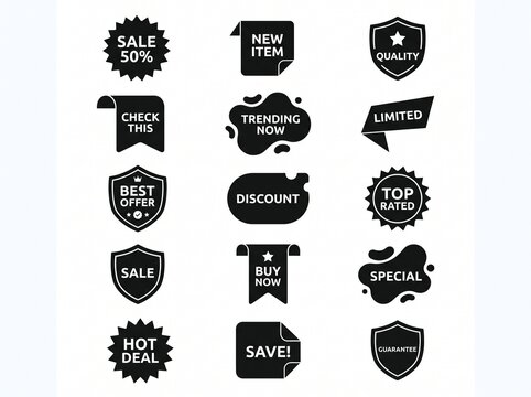 Modern Black Sale Badge and Retail Tag Vector Set with Discount Labels, Promo Ribbons, Special Offer Stickers and Marketing Seals Isolated on Light Background